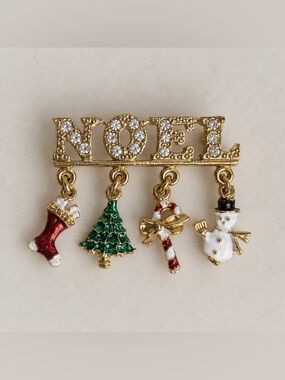 Vintage Christmas Holiday NOEL Brooch w/Enameled Charms Gold Tone, Rhinestones